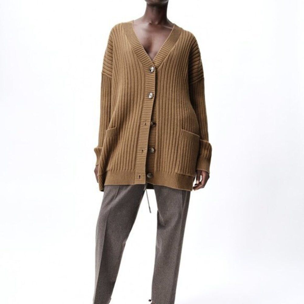 Brown ZaraV-Neck Oversized Button Front Ribbed Cardigan Sweater (NWT)